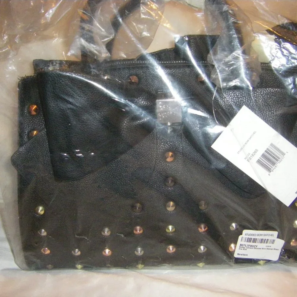 Betsey Johnson Studded Bow Satchel Bag Black Bow Studs + Keychain BB18265 NEW - Picture 9 of 14
